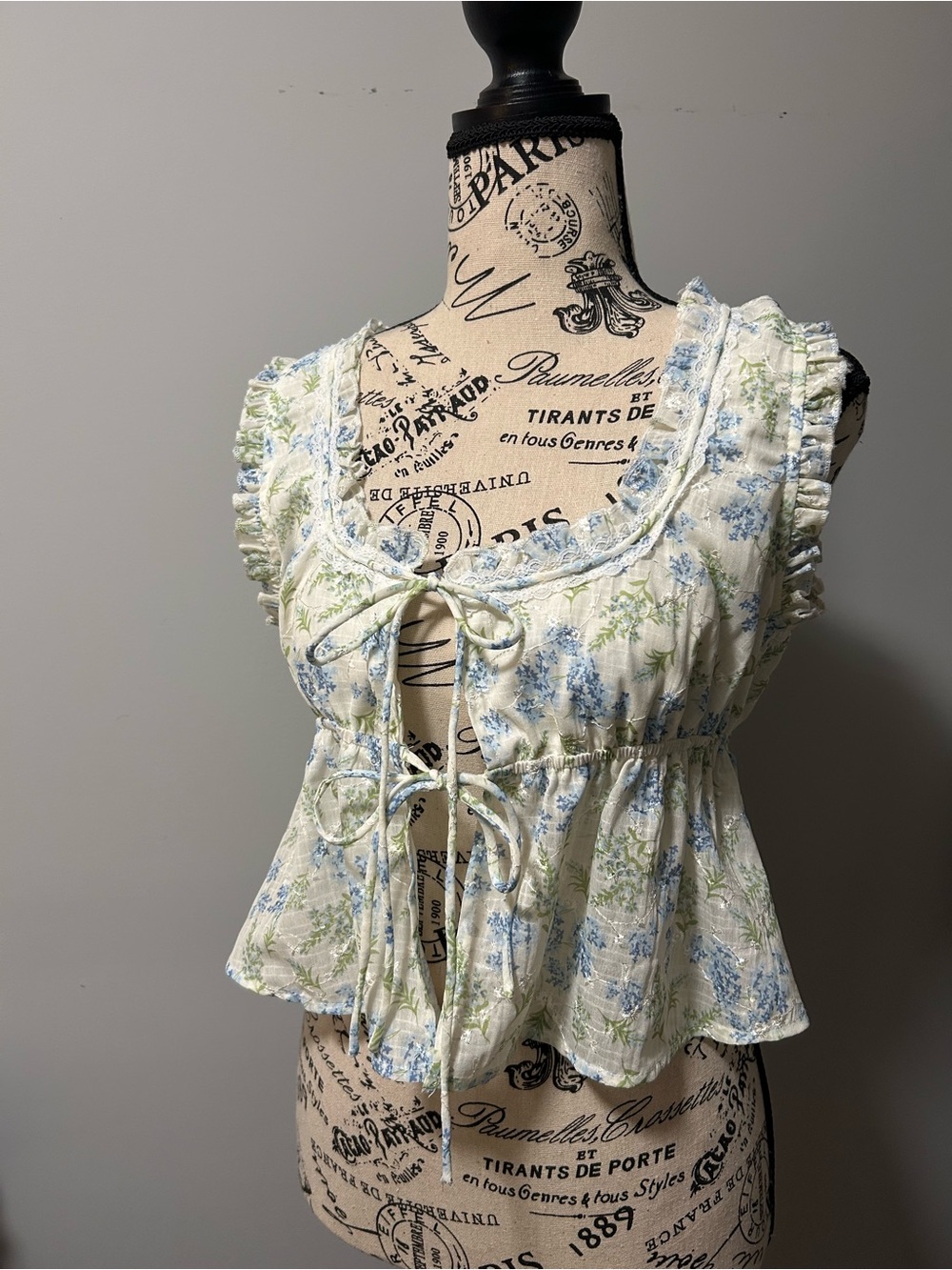 Floral Tie-Front Babydoll Top - Cream, Blue & Green
